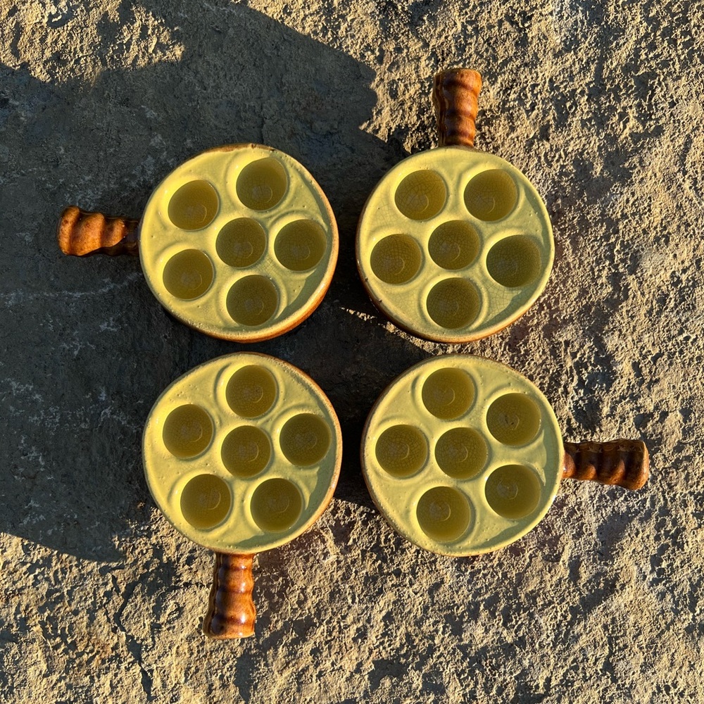 SET OF FOUR French Vintage Modele Depose Escargot Pottery Baking Dishes